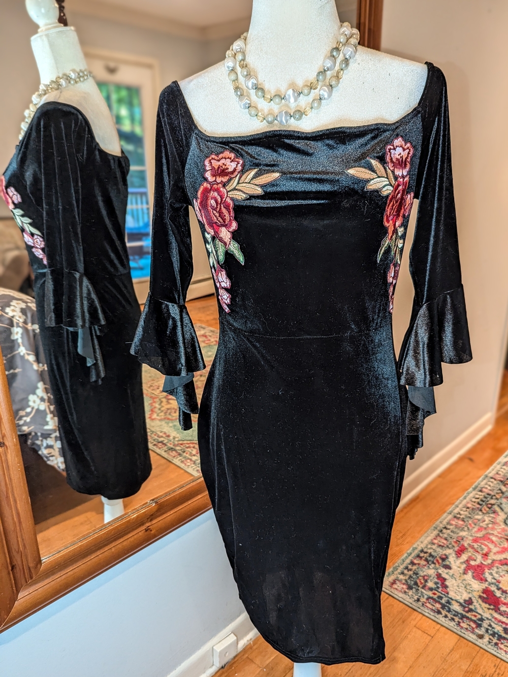 Missguided Black Velvet Midi Dress with Rose Embroidery